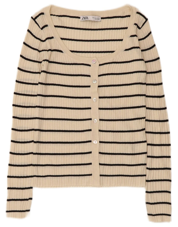 Zara Damen-Cardigan-Pullover, Gr. 8, klein, beige, gestreift, Acryl