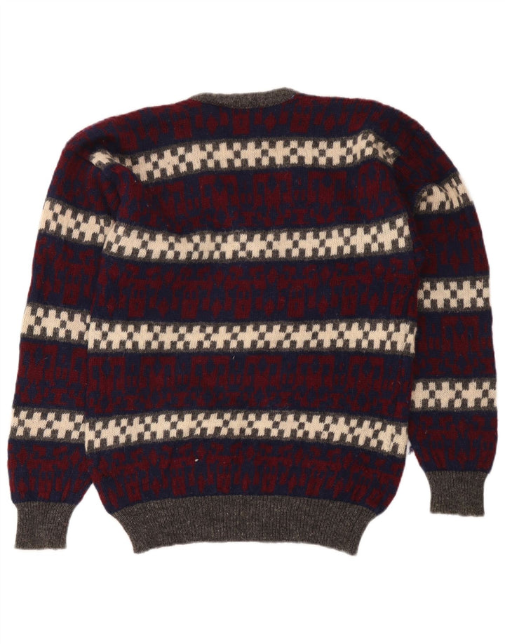 Męski sweter w stylu vintage z dekoltem w szpic, średniej wielobarwnej geometrycznej wełny