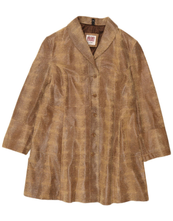Vintage oversized læderfrakke til kvinder EU 50 3XL brunt læder med dyreprint