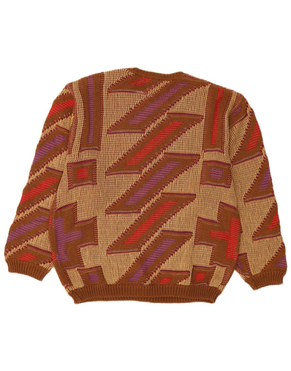 Clinique Womens Crew Neck Jumper Sweater UK 16 Large Beige Geometric Cotton