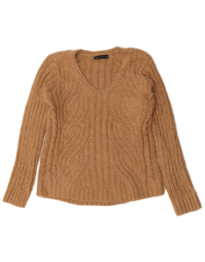 Marks & Spencer Womens V-Neck Jumper Sweater UK 14 Medium Beige Polyester