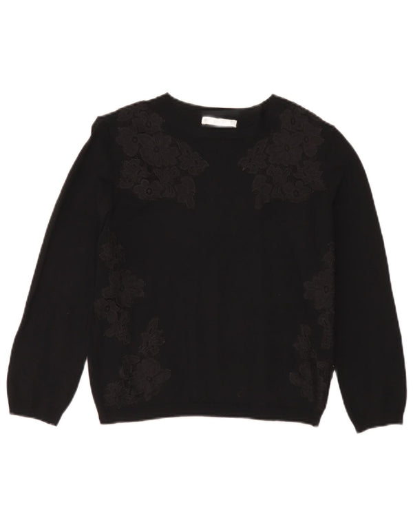 Zara Womens Crop Boat Neck Jumper Sweater UK 12 Medium Black Floral Viscose