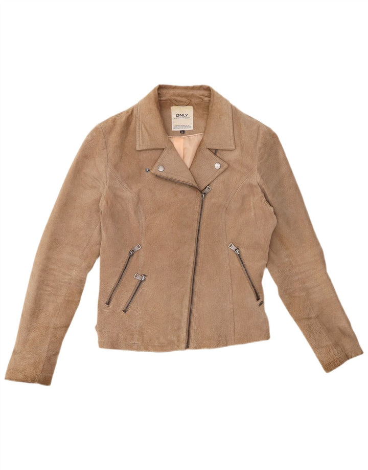 ONLY Womens Suede Biker Jacket IT 40 Small Beige Leather