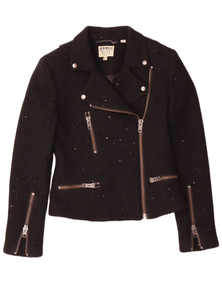 Jack Wills Damen Bikerjacke UK 12 Mittelschwarz gesprenkelte Wolle