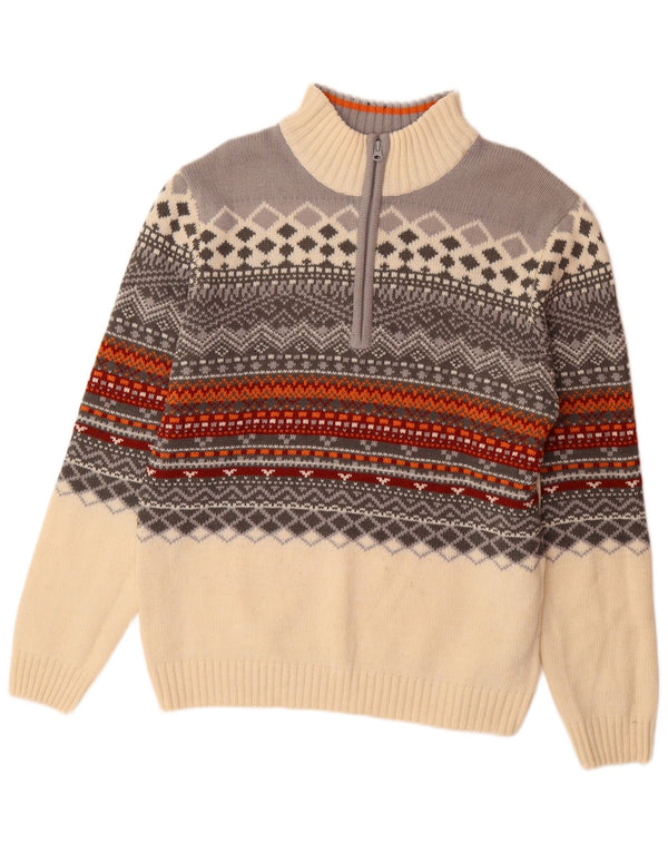 ATLAS FOR MEN Mens Zip Neck Jumper Sweater XL Off White Fair Isle Acrylic