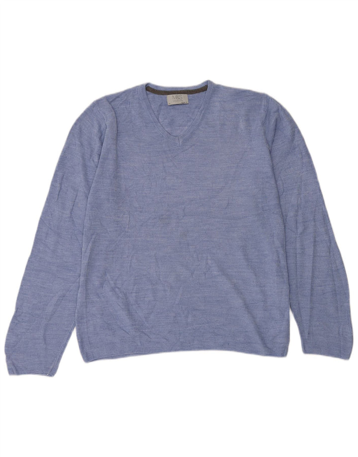 MARKS & SPENCER Mens Regular Fit V-Neck Jumper Sweater Medium Blue Acrylic