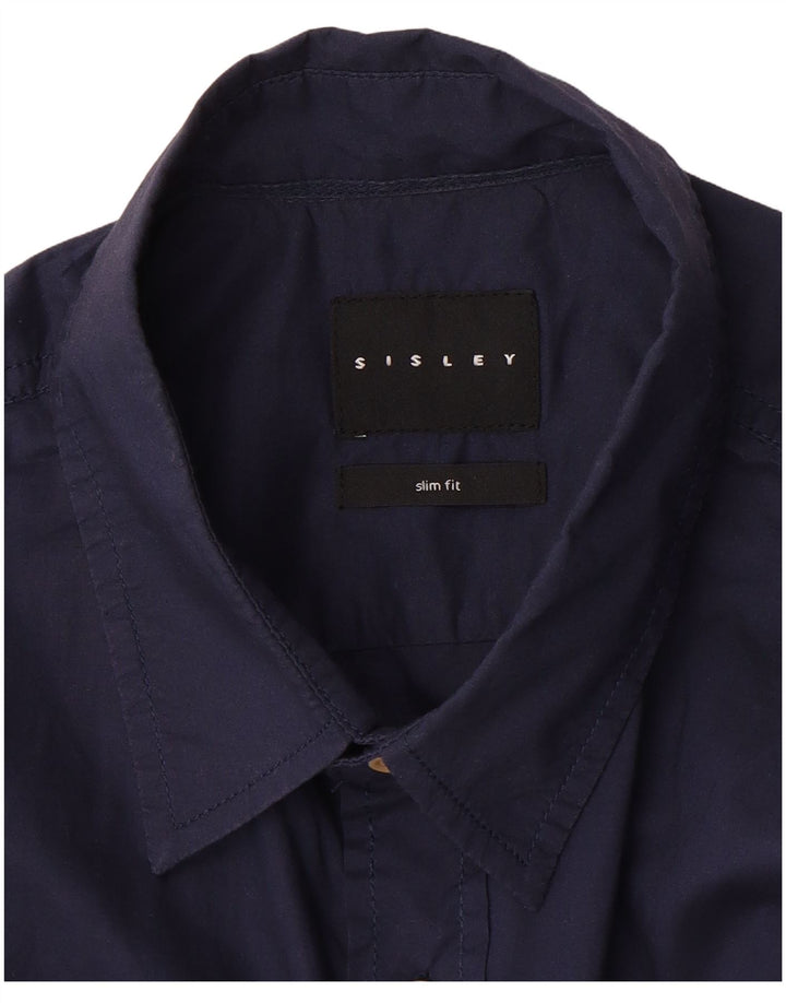 Sisley Mens Short Sleeve Slim Fit Shirt Medium Navy Blue
