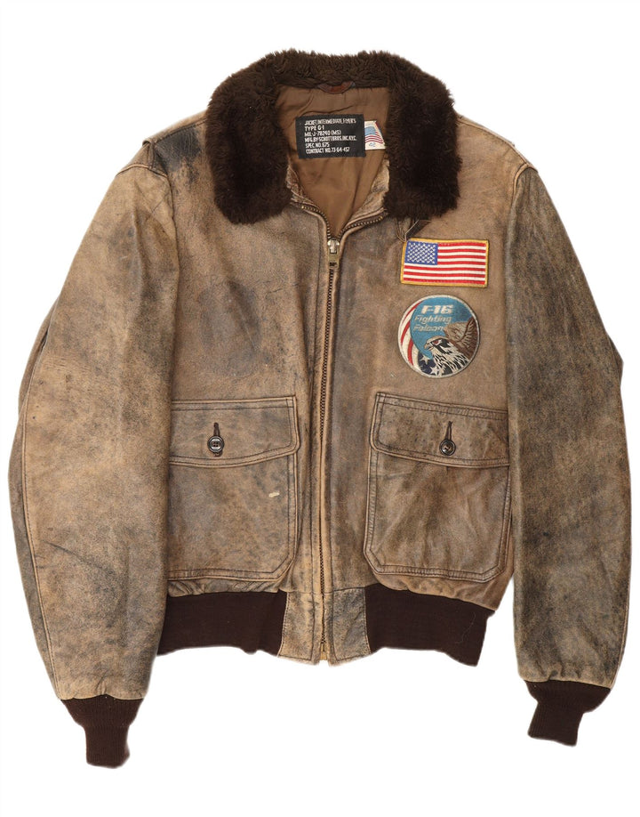 Schott Mens Graphic Leather Flight Aviator Jacket UK 42 XL Brown Leather
