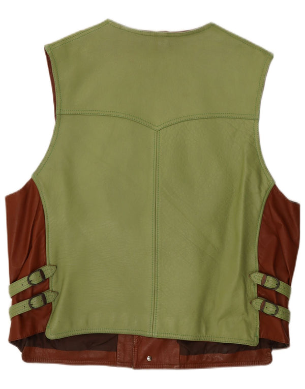 Vintage Mens Leather Waistcoat Large Green Colourblock