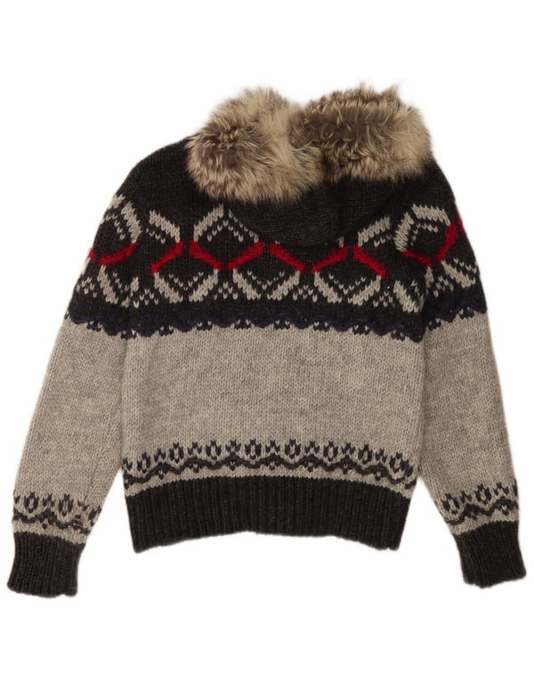 Benetton Dame Hætte Cardigan Sweater UK 10 Small Grey Fair Isle Akryl