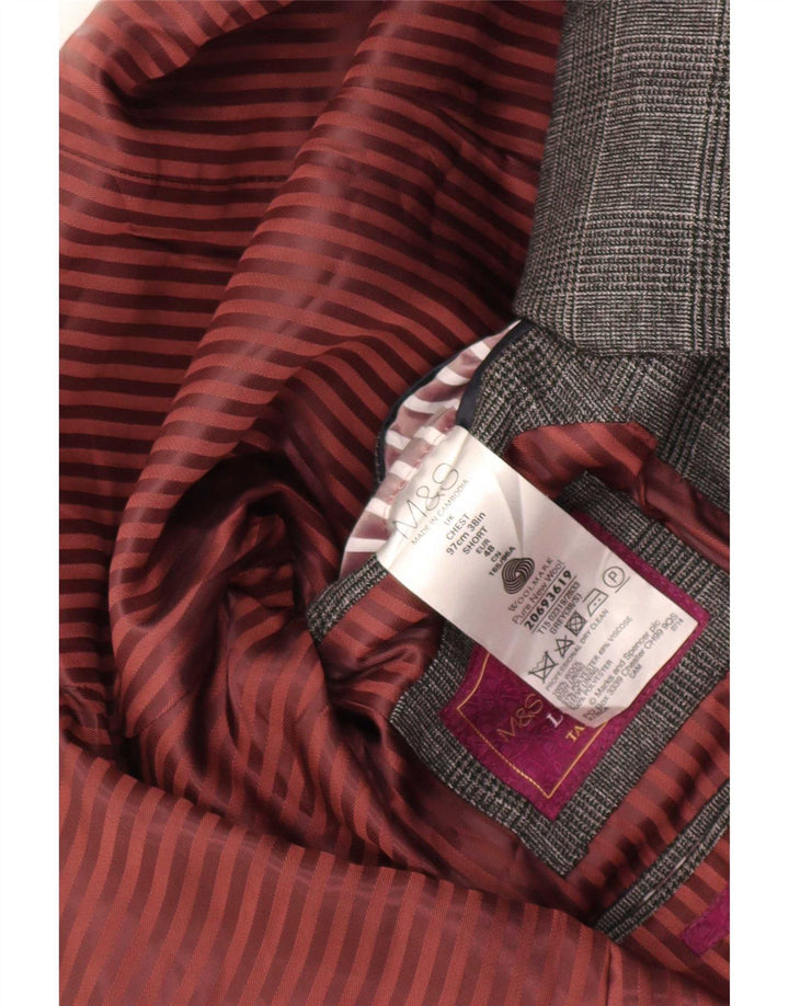 Jaqueta blazer masculina de 2 botões Marks & Spencer Reino Unido 38 lã xadrez cinza médio