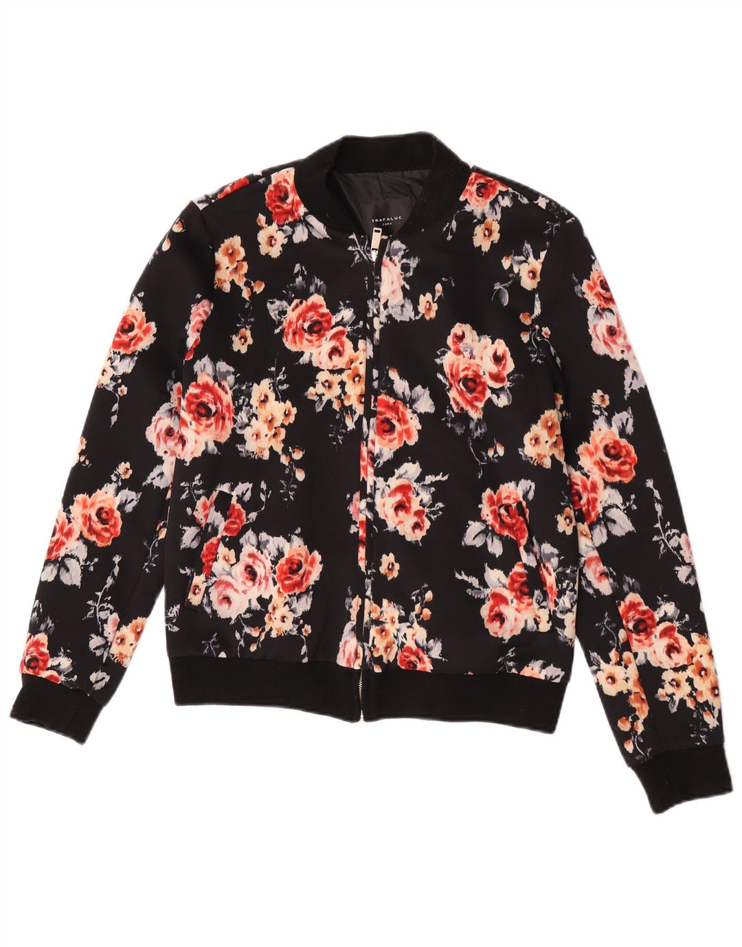 Zara Damen Bomberjacke UK 12 Mittelschwarzes geblümtes Polyester