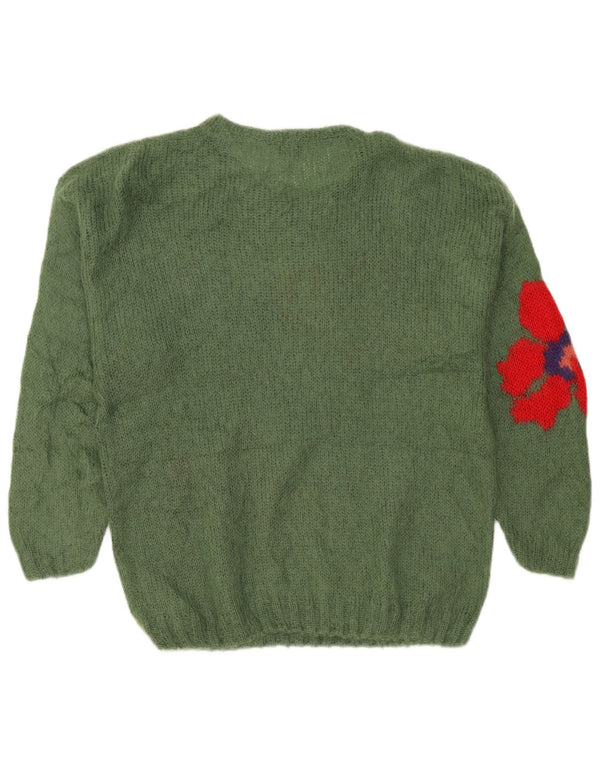 Vintage Womens Graphic Boat Neck Jumper Sweater UK 20 2XL Green Floral