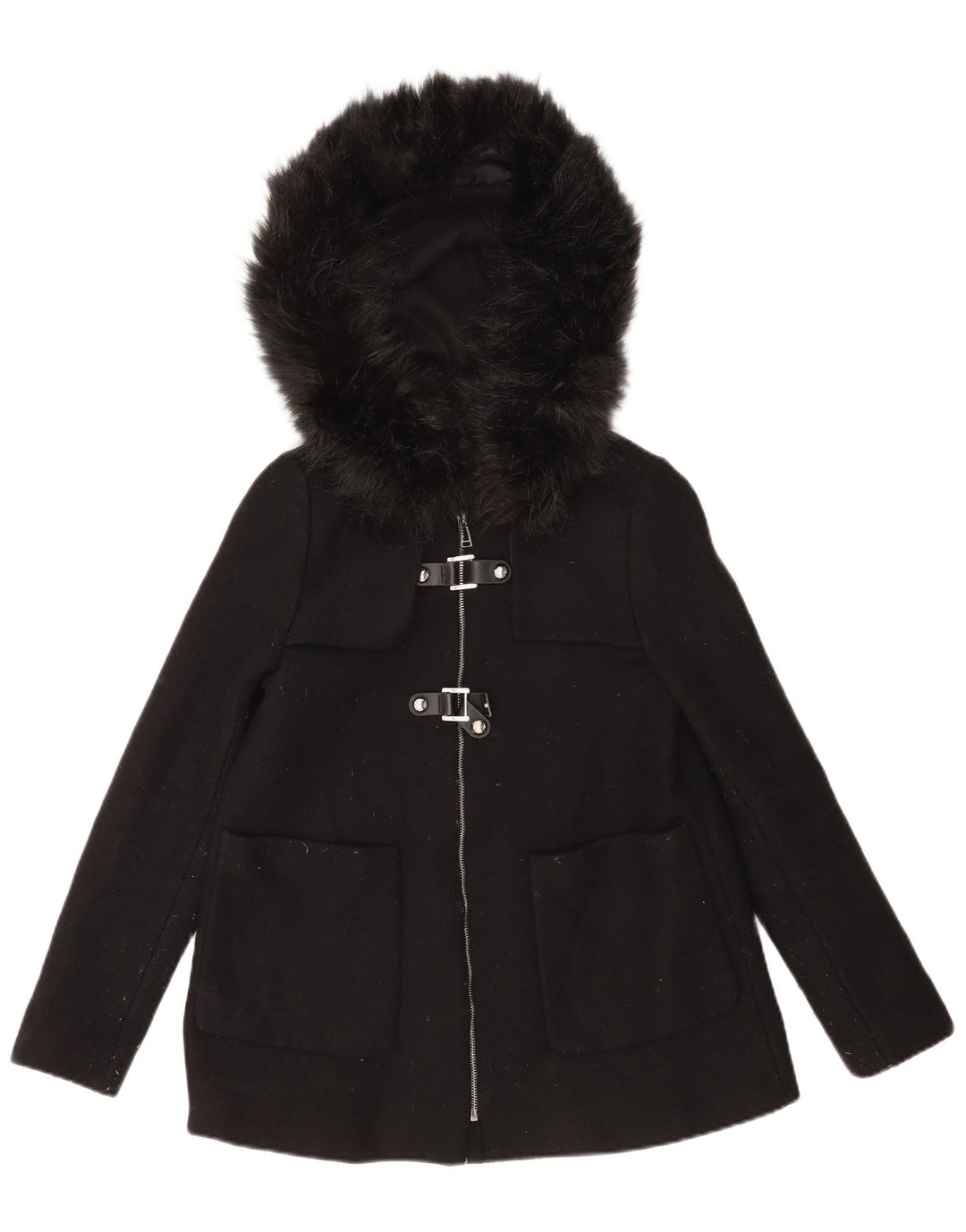 Zara Womens Hooded Windbreaker Jacket UK 10 Small Black Wool
