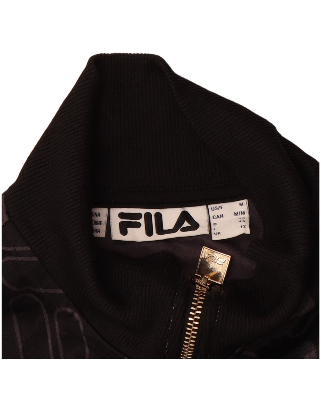 FILA Womens Graphic Tracksuit Top Jacket UK 12 Medium Black Polyester