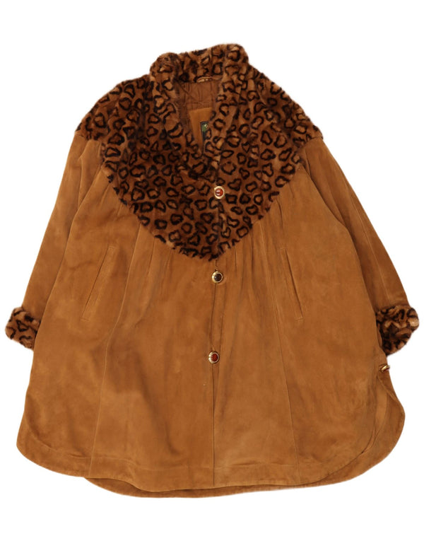 vintage Femmes Surdimensionné Manteau En Daim IT 44 Imprimé Animal Brun Moyen