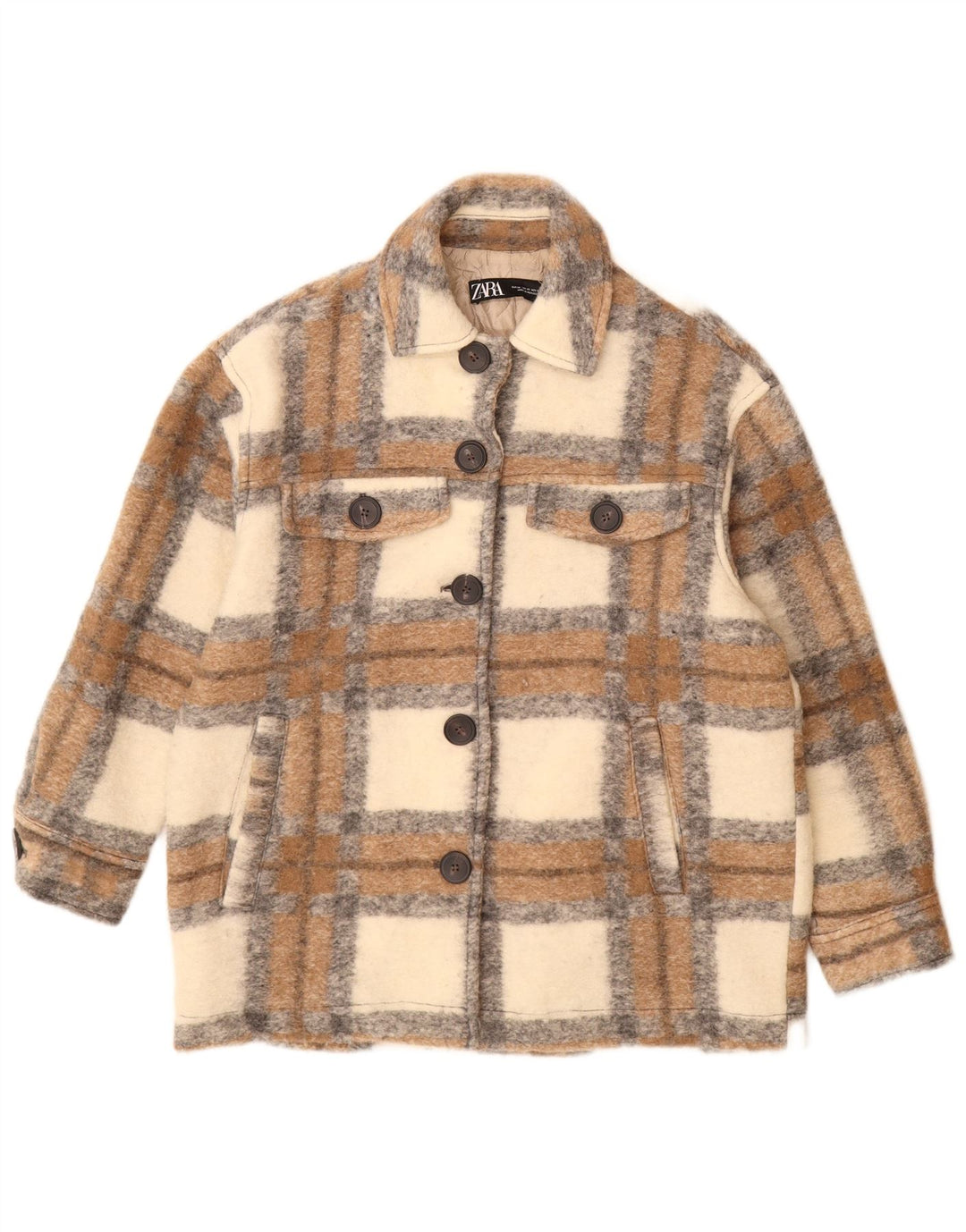 Zara Womens Shacket Oversized Jacket UK 6 XS Beige Check Wool