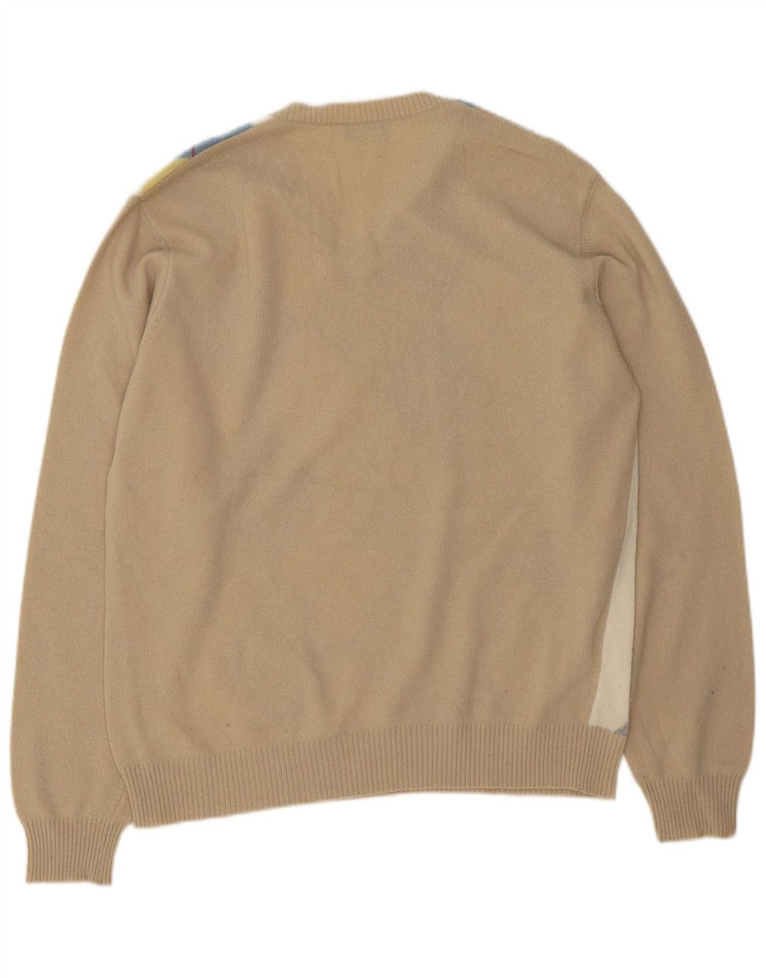 Benetton Mens V-Neck Jumper Sweater Large Beige Argyle/Diamond Wool