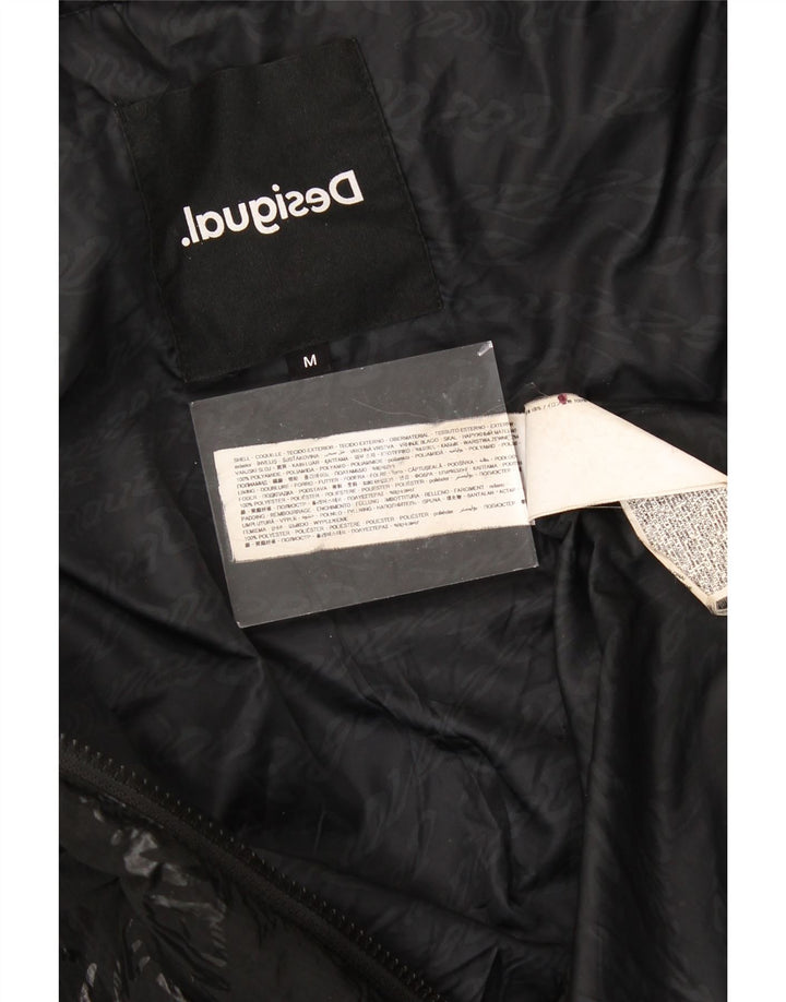 DESIGUAL Womens Graphic Hooded Padded Coat UK 14 Medium Black Polyamide Vintage Desigual and Second-Hand Desigual from Messina Hembry 