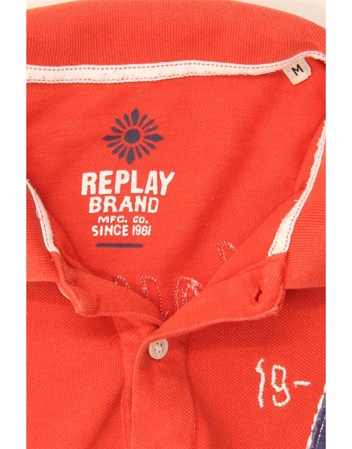 REPLAY Mens Graphic Polo Shirt Medium Orange Vintage Replay and Second-Hand Replay from Messina Hembry 