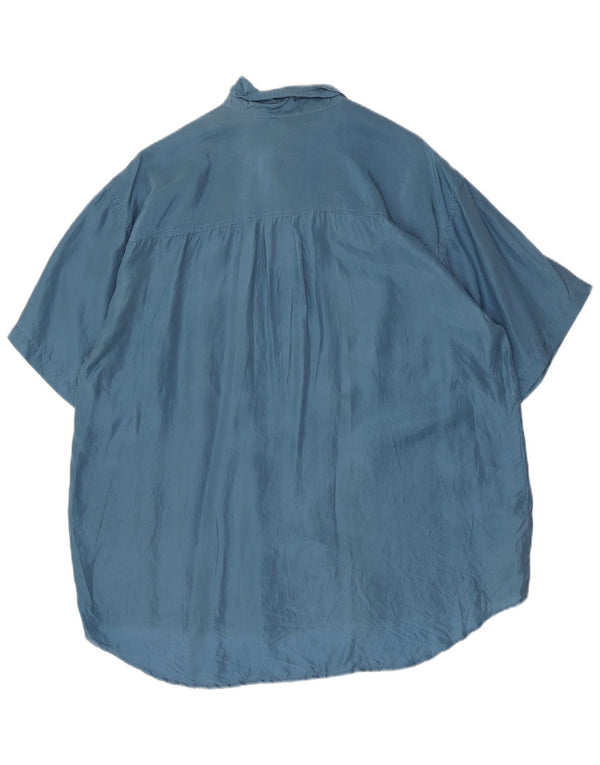 Camisa vintage de manga corta para hombre de seda azul grande