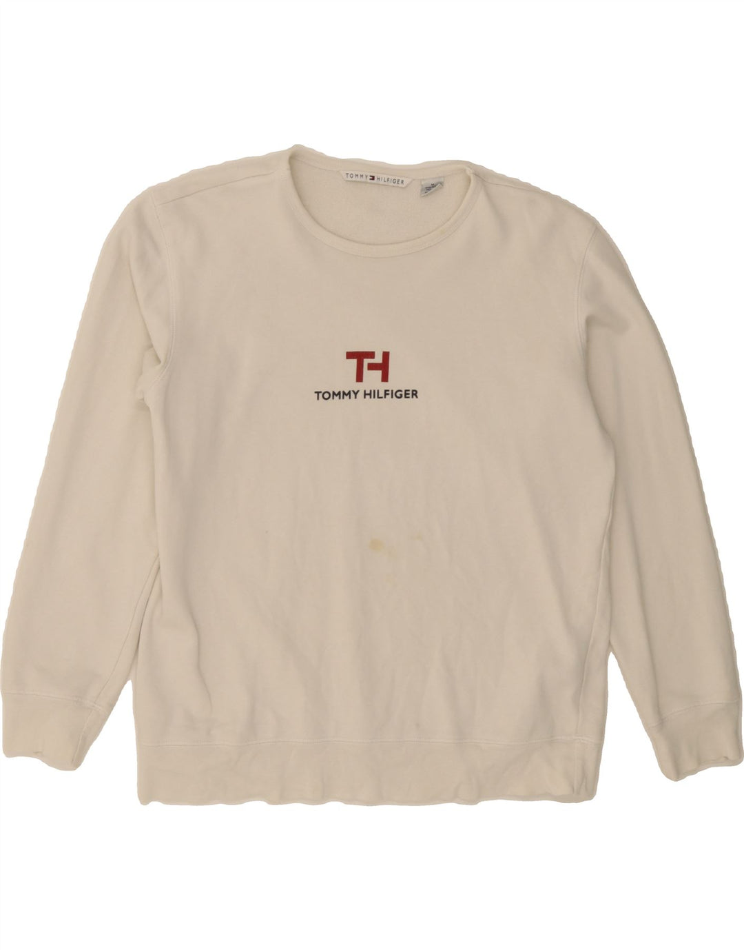TOMMY HILFIGER Womens Graphic Sweatshirt Jumper UK 14 Medium Off White Vintage Tommy Hilfiger and Second-Hand Tommy Hilfiger from Messina Hembry 