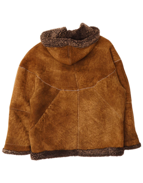 Jachetă din shearling supradimensionată pentru femei cu glugă vintage IT 44 maro mediu