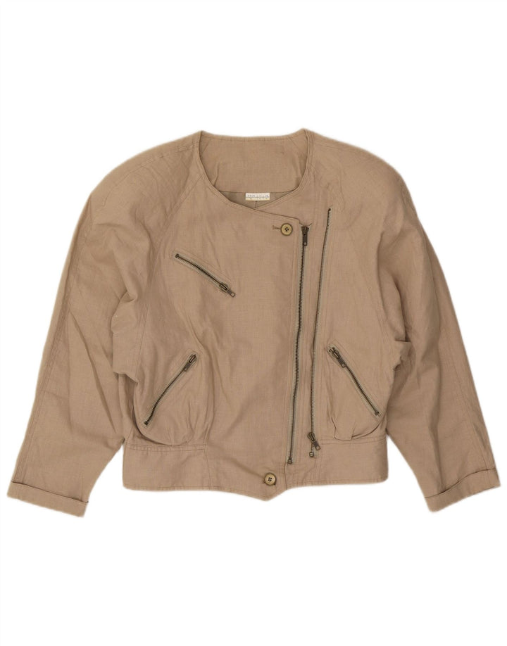 Vintage Damen Bomberjacke IT 44 Medium Beige Leinen Biker