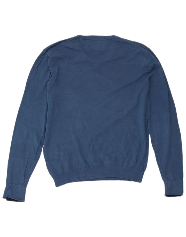 Guess Mens V-Neck Jumper Sweater Large Blue Cotton