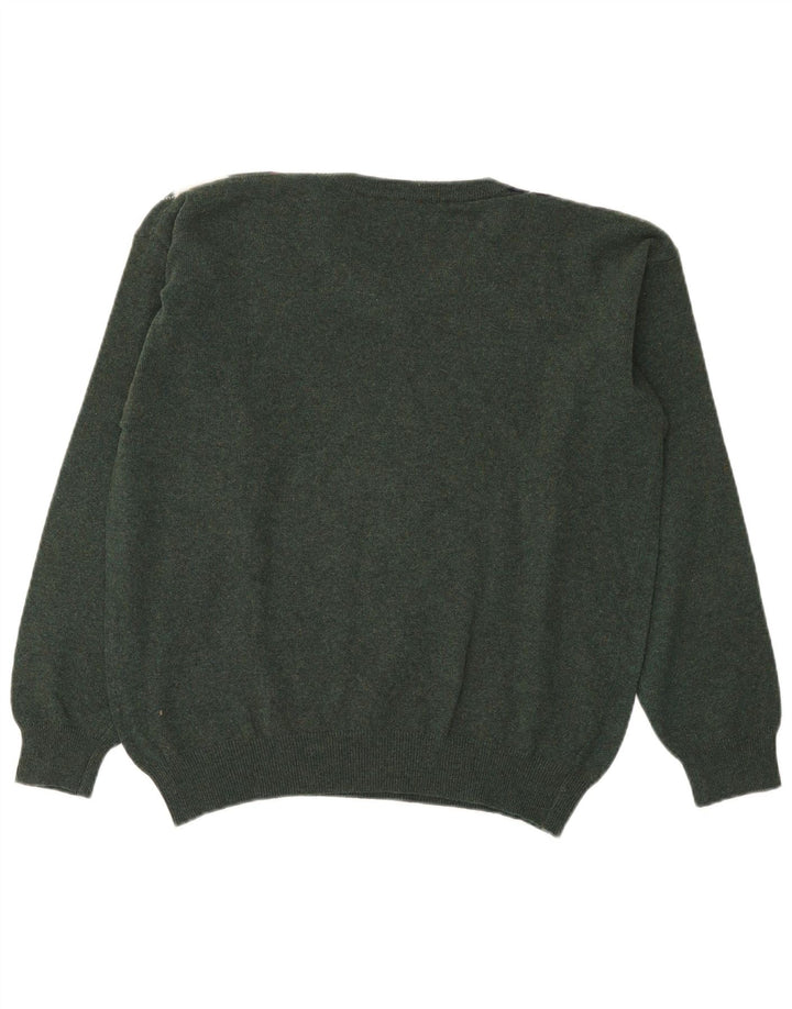 VINTAGE Mens V-Neck Jumper Sweater Small Green Argyle/Diamond Wool