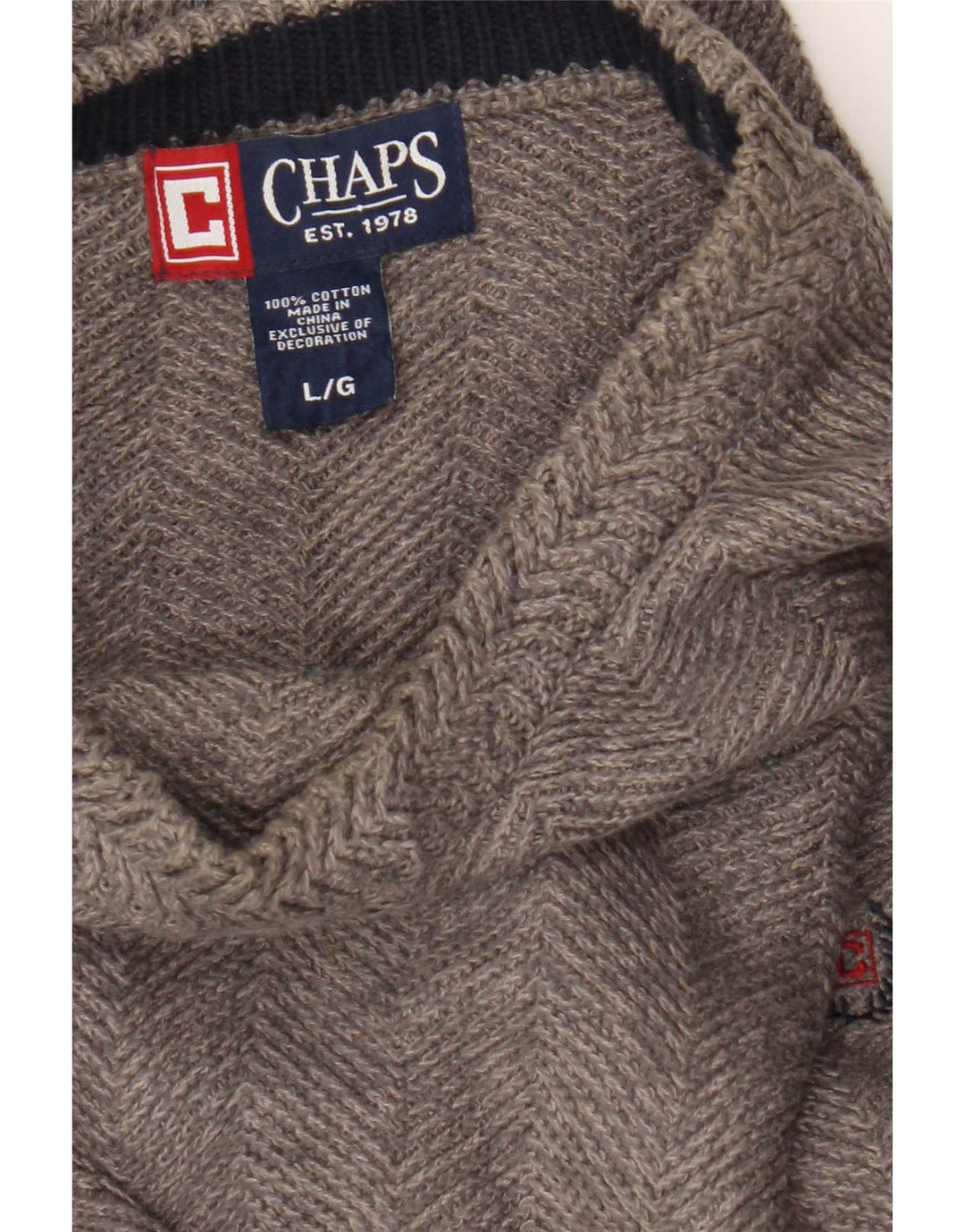 Chaps Mens Crew Neck Jumper Sweater Large Grey Herringbone Cotton