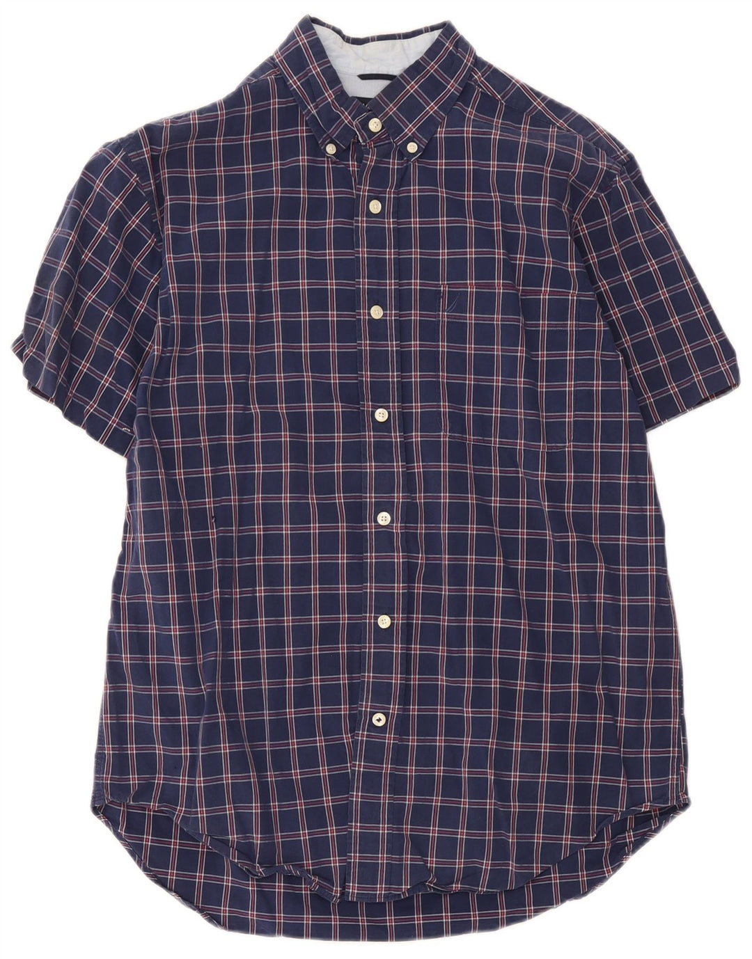 Nautica Mens Short Sleeve Shirt Medium Navy Blue Check Cotton