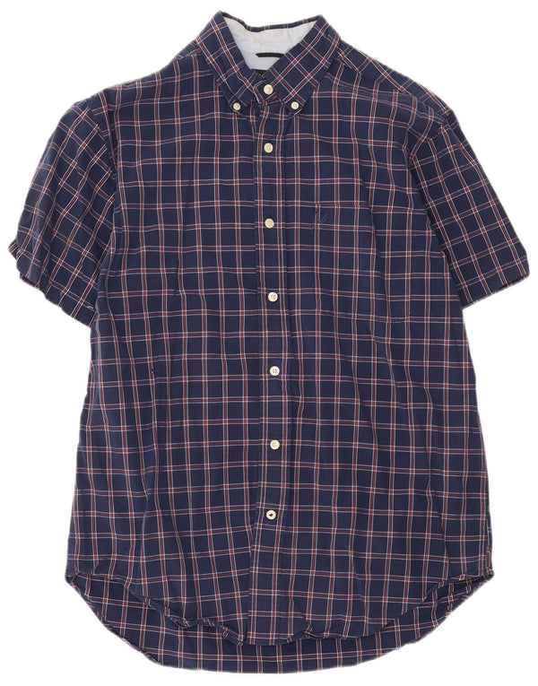 Nautica Mens Short Sleeve Shirt Medium Navy Blue Check Cotton
