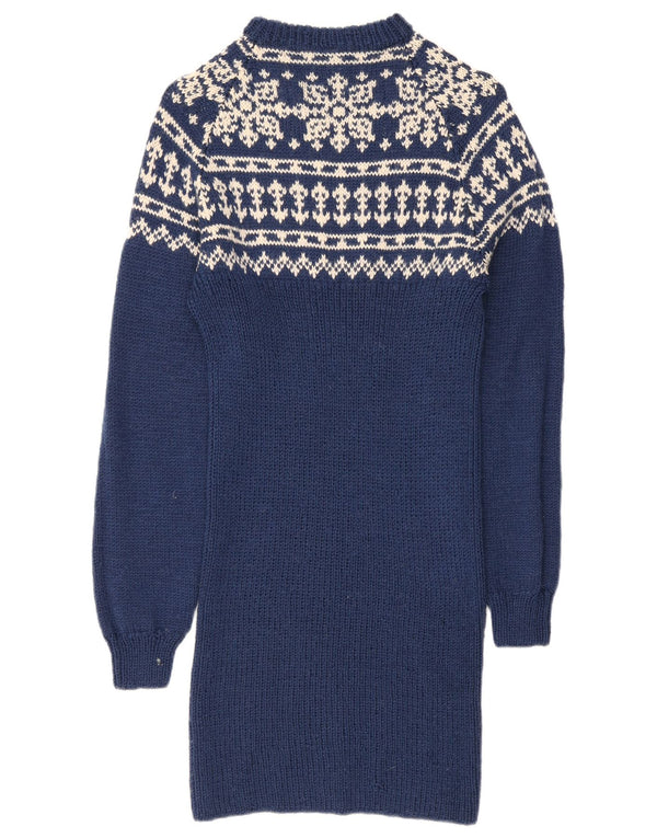 Vintage Womens Long Sleeve Jumper Dress UK 10 Small Blue Fair Isle