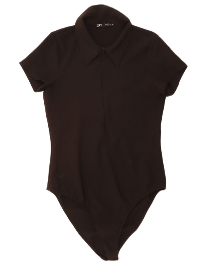 Zara Womens Polo Neck Bodysuit UK 14 Large Black Polyester