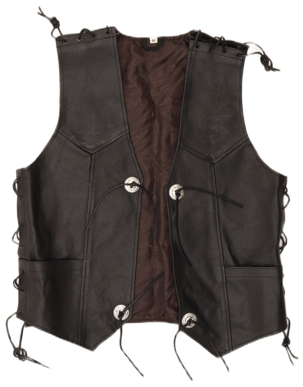 Vintage Mens Leather Waistcoat Medium Black Biker