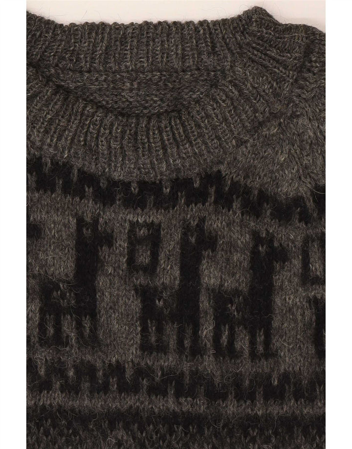 Vintage Mens Crew Neck Jumper Sweater Small Grey Geometric