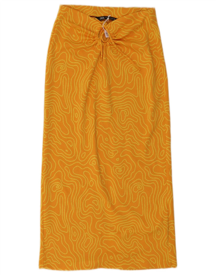Zara Womens Midi Skirt XS W26  Yellow Geometric Polyester