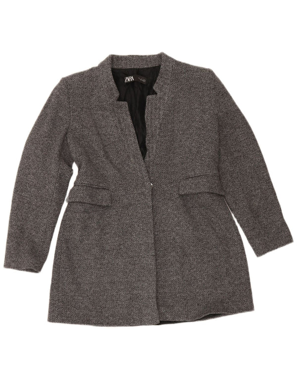 Zara Womens 1 Button Blazer Jacket UK 16 Large Gris Chevrons Coton