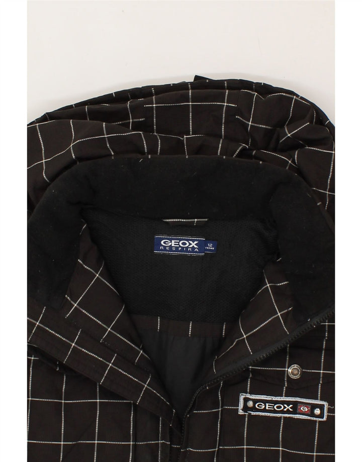 GEOX Boys Hooded Rain Jacket 11-12 Years Black Check Polyester Vintage Geox and Second-Hand Geox from Messina Hembry 