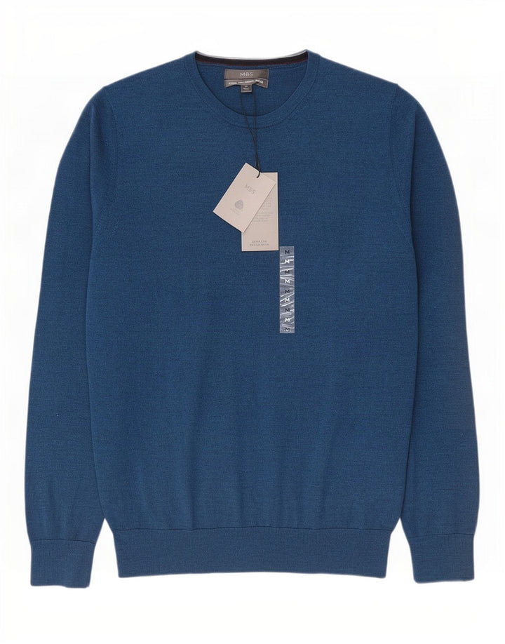 Maglione maglione girocollo da uomo Marks & Spencer blu medio in lana merino