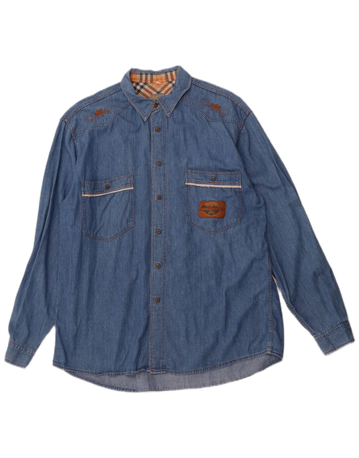 MASH Mens Denim Shirt Large Blue Floral
