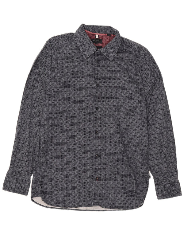 Ted Baker Herre Slim Fit Skjorte Størrelse 4 Large Marineblå Geometrisk Bomuld