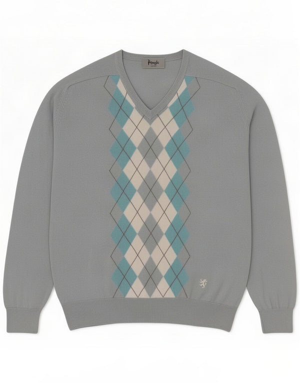 Pringle Męski sweter z dekoltem w serek XL Niebieski Argyle/Diamentowa wełna owcza