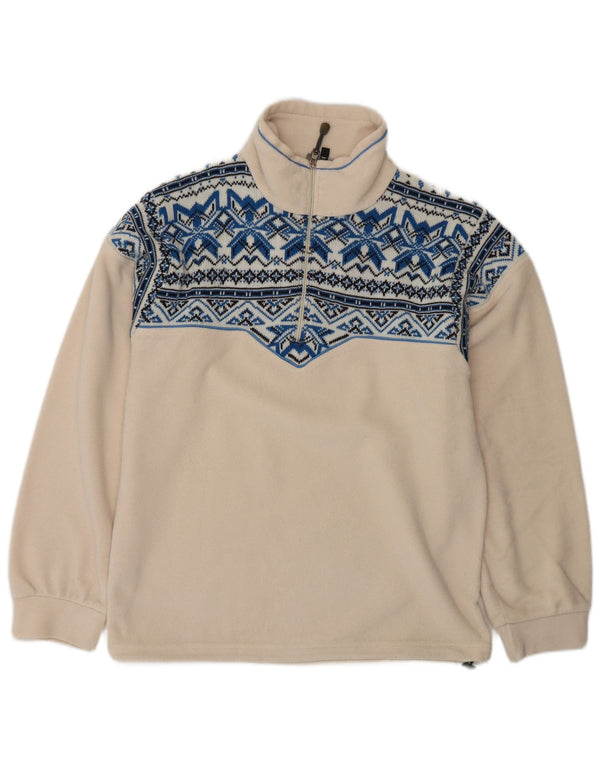 Vintage Mens Zip Neck Fleece Jumper Large White Fair Isle Wool
