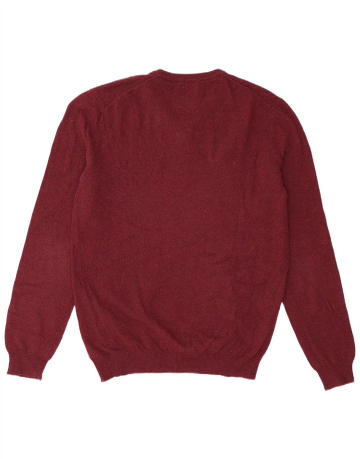 Benetton Mens V-Neck Jumper Sweater Medium Burgundy Virgin Wool