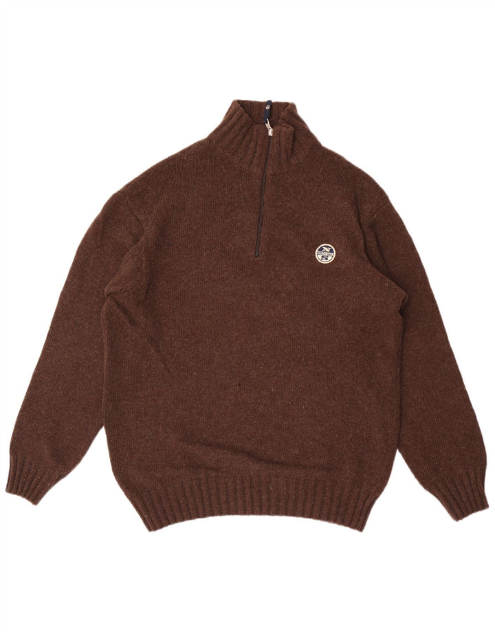 North Sails Mens Zip Neck Jumper Sweater Large Brown Wool