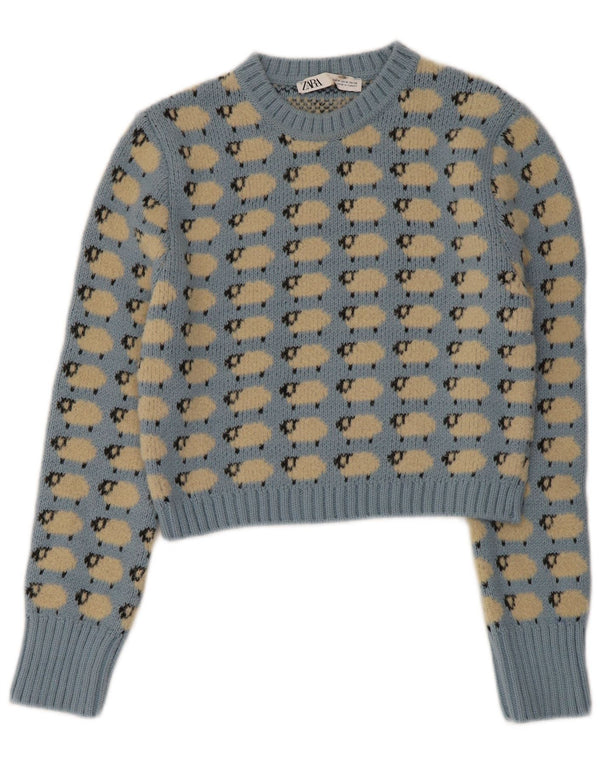 Zara Womens Crop Crew Neck Jumper Sweater UK 12 Medium Blue Animal Print