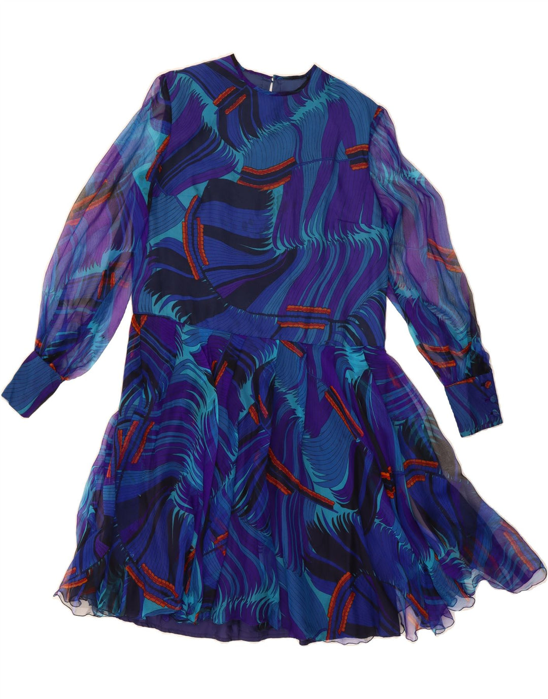 VINTAGE Womens Abstract Pattern Long Sleeve A-Line Dress UK 14 Medium Blue Vintage Vintage and Second-Hand Vintage from Messina Hembry 