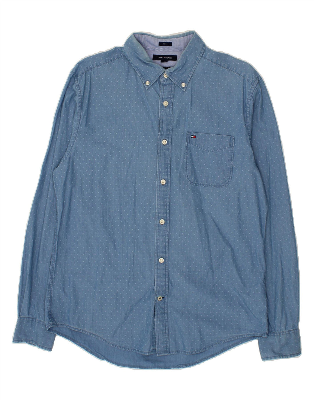 TOMMY HILFIGER Mens Indigo Abstract Pattern Custom Fit Shirt Medium Blue Vintage Tommy Hilfiger and Second-Hand Tommy Hilfiger from Messina Hembry 